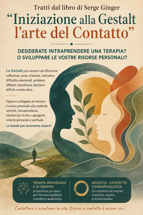 Poster illustrato con due volti di profilo, un sole dorato e una figura su un sentiero, con testi sui benefici della Gestalt per la crescita personale e la terapia individuale e di gruppo.