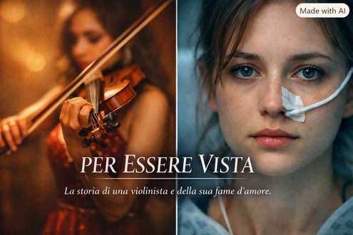 divisa in due parti: a sinistra, una giovane donna suona il violino in abito da sera, immersa in luce calda e dorata; a destra, la stessa donna è ritratta in primo piano con un sondino naso-gastrico, in un ambiente freddo e ospedaliero. Al centro, il testo “PER ESSERE VISTA” e il sottotitolo “La storia di una violinista e della sua fame d’amore.” L’immagine contrappone eleganza e fragilità, mostrando la tensione tra perfezione esteriore e dolore interiore.
