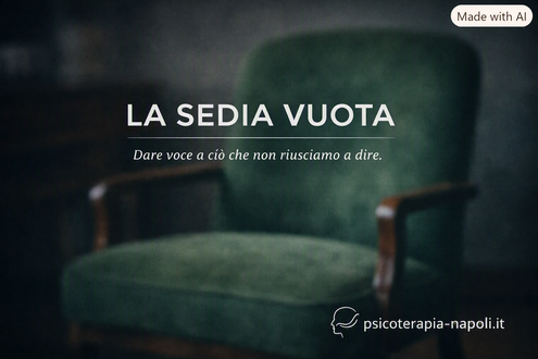 sedia verde imbottita, vuota, ripresa in un ambiente interno. La sedia è leggermente sfocata per creare profondità. Sopra l’immagine è applicato un filtro scuro semitrasparente per aumentare il contrasto del testo.<br />Al centro, in caratteri sans-serif bianchi, è presente il titolo “LA SEDIA VUOTA”.<br />Sotto il titolo, in dimensione minore, il sottotitolo “Dare voce a ciò che non riusciamo a dire”.<br />In basso a destra compare il logo “psicoterapia-napoli.it”, composto da testo bianco e un piccolo simbolo grafico.