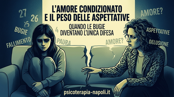 Illustrazione grafica in formato 16:9 con toni freddi e drammatici. Al centro si trova un divano diviso a metà da una spaccatura: sulla sinistra, una giovane ragazza è rannicchiata su se stessa con sguardo triste e sottomesso, circondata da parole e numeri fluttuanti come "Bugie", "Fallimento", "Paura", "27" e "26". Sulla destra, una donna riccioluta con giacca maculata la osserva con un'espressione severa e tesa, affiancata da parole come "Aspettative", "Delusione" e "Amore?". In alto campeggia in grande il titolo del post in stampatello nero, mentre in basso al centro è presente il riferimento al sito "psicoterapia-napoli.it".