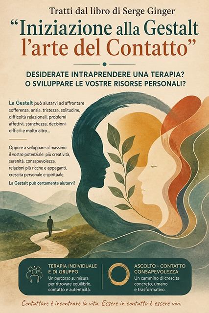 Poster illustrato con due volti di profilo, un sole dorato e una figura su un sentiero, con testi sui benefici della Gestalt per la crescita personale e la terapia individuale e di gruppo.