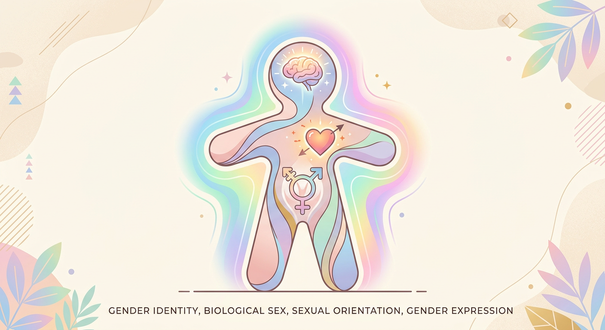 Illustrazione stilizzata della figura umana con simboli colorati che rappresentano le quattro dimensioni dell'identità: mente per l'identità di genere, cuore per l'orientamento affettivo, contorno per l'espressione di genere e simboli del sesso biologico.