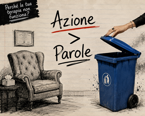 Illustrazione in stile collage su uno sfondo di carta a righe che mette in contrasto la terapia tradizionale e l'azione pratica. A sinistra è raffigurata una classica poltrona da terapeuta in pelle con accanto un tavolino e dei fazzoletti; a destra, una mano solleva il coperchio di un bidone della spazzatura blu. Al centro domina la scritta manoscritta "Azione > Parole" con una sottolineatura rossa sotto "Azione". In alto a sinistra, un riquadro nero a forma di macchia di vernice riporta la domanda: "Perché la tua terapia non funziona?".