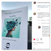 Screenshot di un post Instagram di @sandramaria_giannetto che mostra una mano che tiene il libro «Amélie» di Massimiliano De Somma all'aperto, accompagnato da commenti che ne apprezzano la suggestiva copertina illustrata.
