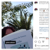 Screenshot di un post Instagram di @sandramaria_giannetto che mostra una lettrice all'aperto sotto gli alberi con il libro «Amélie» di Massimiliano De Somma aperto davanti a sé durante un momento di relax.
