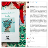 Screenshot di un post Instagram di @floryb80 che ritrae la copertina del libro «Amélie» di Massimiliano De Somma adagiata su piastrelle maiolicate decorate con un nastro rosso, accompagnata da una riflessione sulla bellezza della scrittura e della psicoterapia.