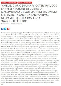 Screenshot di un articolo di cronaca culturale pubblicato da Vita Web TV il 3 luglio 2021 relativo alla presentazione del libro «Amélie. Diario di una psicoterapia» di Massimiliano De Somma presso Palazzo Reale a Napoli.
