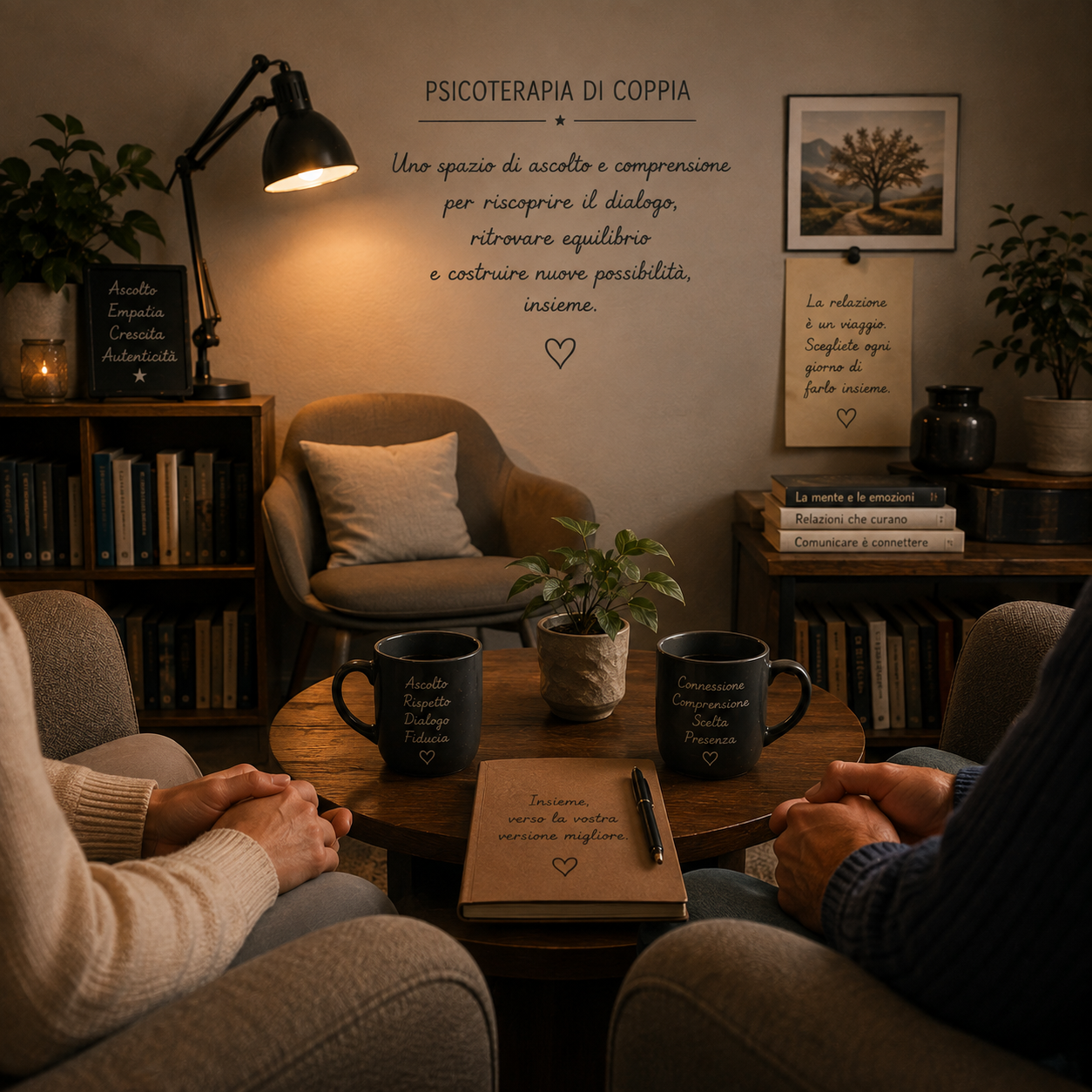 Studio per psicoterapia di coppia illuminato da luce calda e soffusa: due persone sono sedute davanti a un tavolino con due tazze e un taccuino con pensieri sul dialogo e la cura della relazione.