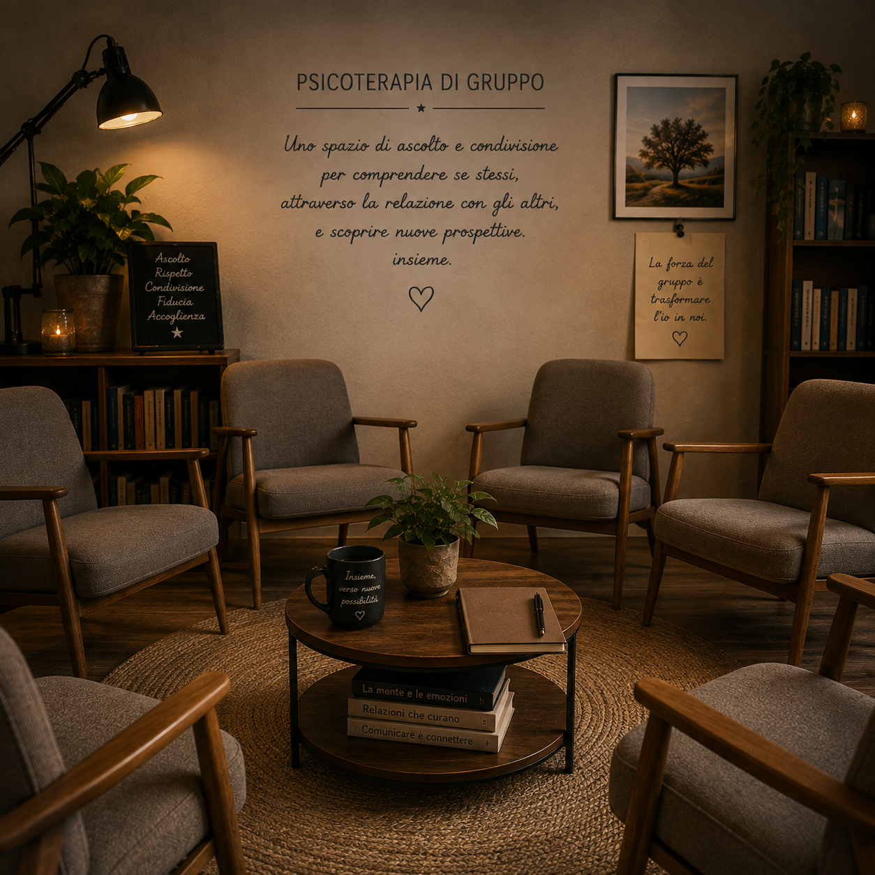 Studio per psicoterapia di gruppo con sei poltroncine disposte a cerchio attorno a un tavolino centrale, illuminato da luce calda e decorato con citazioni su ascolto, empatia e comunità.