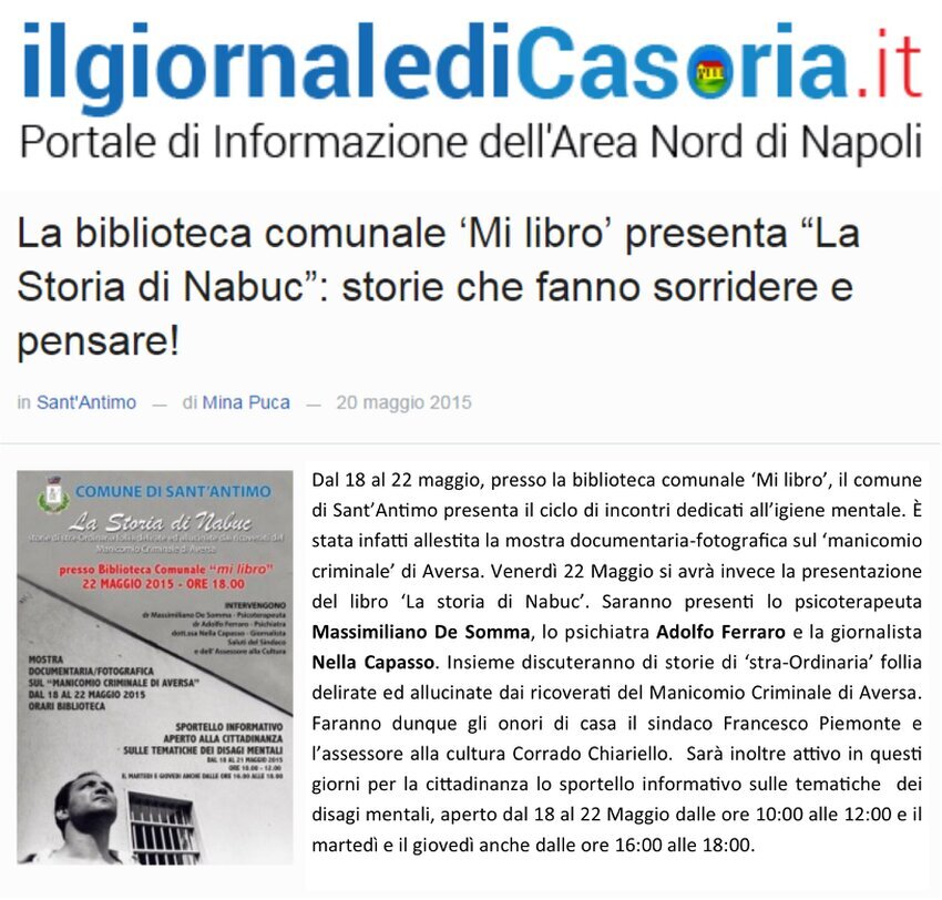 Schermata di un articolo online pubblicato su «Il Giornale di Casoria» il 20 maggio 2015, relativo alla presentazione del libro «La Storia di Nabuc» dello psicoterapeuta Massimiliano De Somma e alle iniziative sulla salute mentale presso la biblioteca comunale di Sant'Antimo.