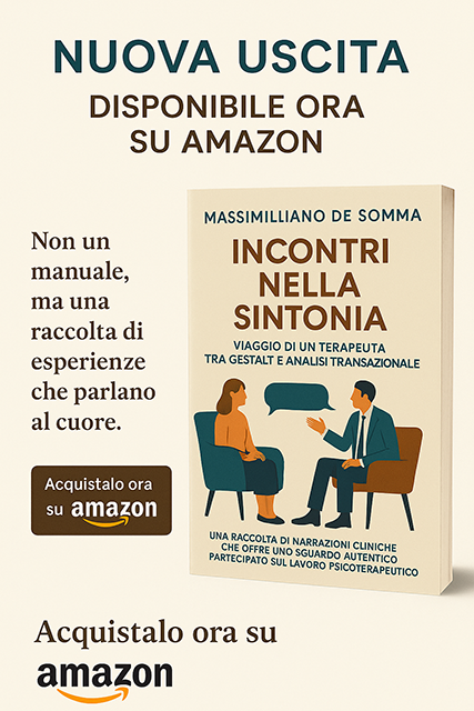 Grafica promozionale per la nuova uscita su Amazon del libro «Incontri nella sintonia» di Massimiliano De Somma, con modello 3D del volume e slogan «Non un manuale, ma una raccolta di esperienze che parlano al cuore».