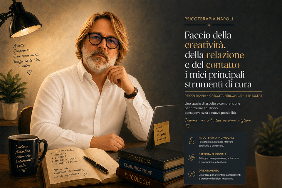 Banner promozionale di Psicoterapia Napoli raffigurante un terapeuta seduto alla scrivania, con lo slogan «Faccio della creatività, della relazione e del contatto i miei principali strumenti di cura» e l'elenco dei servizi offerti.