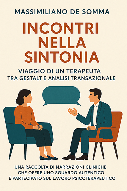 Copertina del libro «Incontri nella sintonia - Viaggio di un terapeuta tra Gestalt e Analisi Transazionale» di Massimiliano De Somma, con un'illustrazione in stile flat che ritrae un terapeuta e una paziente a colloquio seduti su due poltrone.