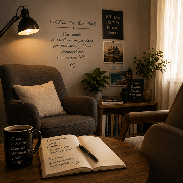 Studio di psicoterapia individuale caldo e accogliente, con poltrone, lampada da lettura, libreria e un tavolino in primo piano con taccuino e tazza recanti pensieri di crescita e consapevolezza.