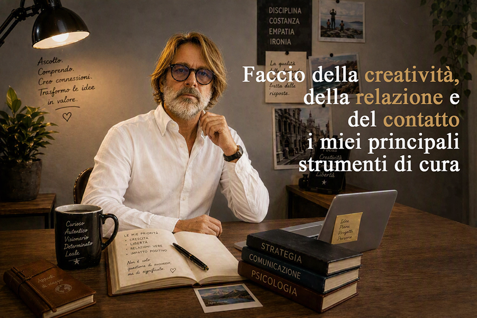 Banner promozionale di Psicoterapia Napoli raffigurante un terapeuta seduto alla scrivania, con lo slogan «Faccio della creatività, della relazione e del contatto i miei principali strumenti di cura» e l'elenco dei servizi offerti.