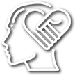 Icona stilizzata di un profilo umano con cuore e mano, simbolo di empatia, ascolto e percorsi di psicoterapia per la cura della salute mentale e del benessere emotivo.